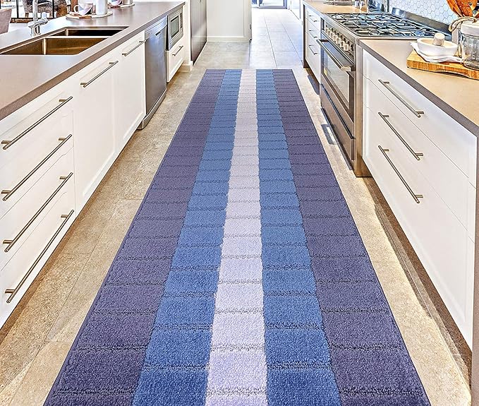 Custom Size Coastal Nautical Style Runner Rug Carpet for Hallway Entryway, Slip Resistant Latex Rubber Backed, 31 inch Wide X Customized Length, Squares Blue, 31 inch X 18 feet