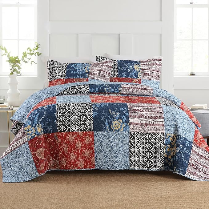 Secgo Twin Comforter Set for Bed - 100% Cotton Quilts Twin Size, Black Bedspreads (68 * 86 Inch) with 2 Pillow Shams, Patchwork Reversible Lightweight Bedding