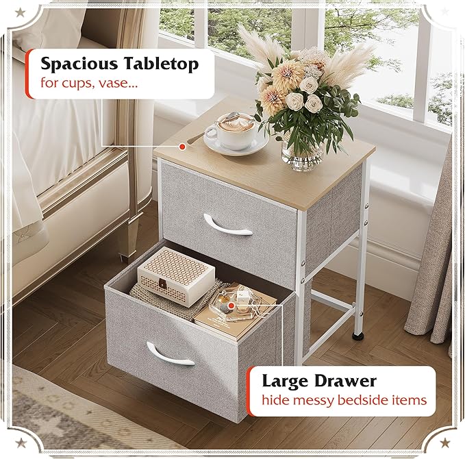 WLIVE Night Stand, Gray Nightstand with 2 Fabric Drawers, Small Dresser for Bedroom, Closet, College Dorm, End Table Side Furniture, Wood Top, Light Grey