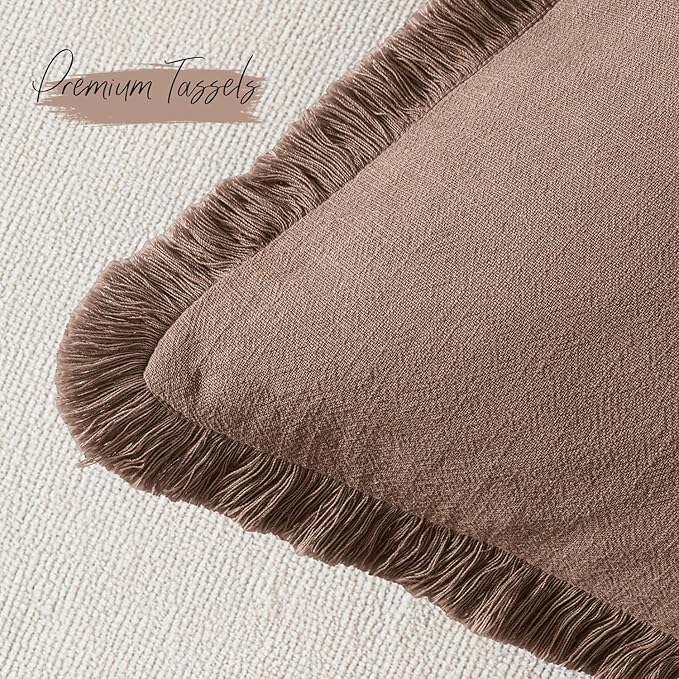 Woaboy Decorative Linen Fringe Throw Pillow Covers Boho Farmhouse Soft Euro Accent Pillowcases with Tassels for Bed Couch Sofa Living Room Bedroom,24x24 Inch Set of 2,Dark Coffee