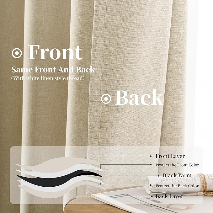 KangBang Linen Blackout Curtains 90 Inches Long, 2Pcs Black Out Beige Curtains, Farmhouse Back Tab Loop Pocket Thermal Insulated Energy Saving Drapes for Bedroom Baby Nursery, Natural Cream, 52Wx90L