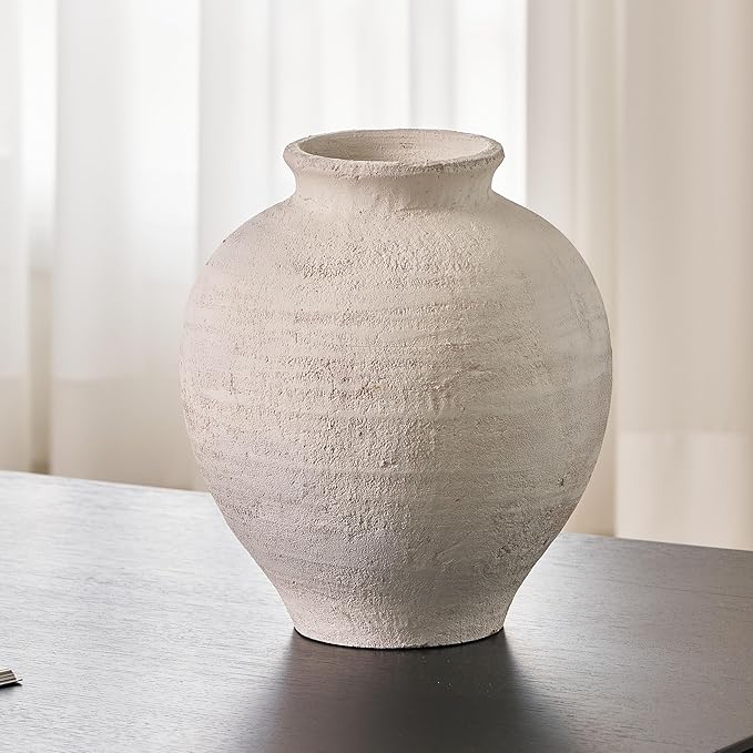 LB2 Large White Ceramic Vase, 11" Tall Zen Style Rustic vase, Terra Cotta Pitcher Vase, Distressed Farmhouse Decor, Pottery Decorative Flower for Home Decor (H 11.8" X 11")