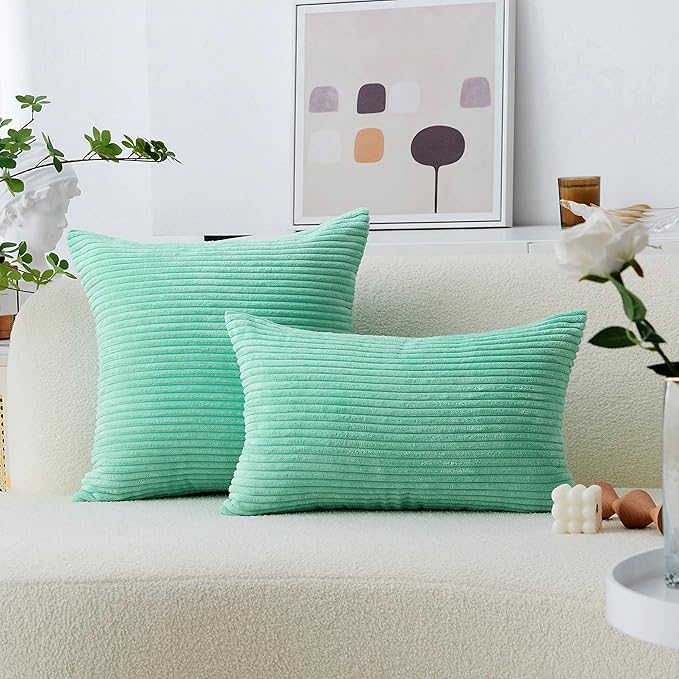 Home Brilliant Aqua Spring Pillow Covers Soft Plush Corduroy Striped Throw Pillow Cases for Sofa Couch Bed Decor, 18 x 18 Inch (45x45), Aqua Blue