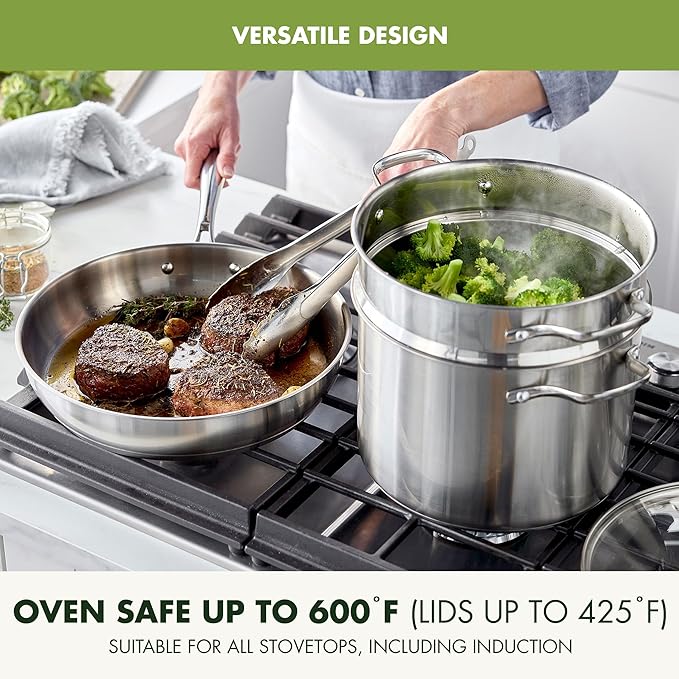 GreenPan 11 Piece Stainless Steel Cookware Set, Induction Ready, Measurement Markings, Dishwasher & Oven Safe 600F, Pots & Pans, Sauce, Saute, Frying Pans, Silver