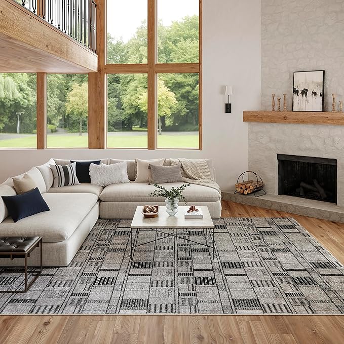 Nourison Home Nordic Black Grey 8' x 10' Scandinavian Area Rug - Easy Clean, Non Shedding, Bed Room, Living Room, Dining Room, Kitchen (8' x 10')