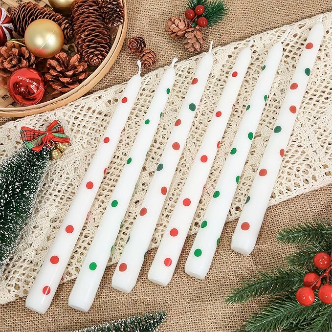 2 Pack Christmas Taper Candles, 10 Inch Unscented Candlesticks with Red Polka Dots for Holiday Table Centerpiece, Fireplace Mantel, Advent Wreaths, Winter Weddings, Home Decor