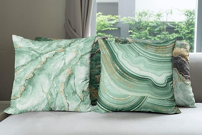 Ambesonne Marble Print Throw Pillow Cushion Case Pack of 4, Abstract Look Nature Stone Ornaments Modern with Minty Details Print, Modern Accent Double-Sided Digital Printing, 24", Jade Green Dark Grey