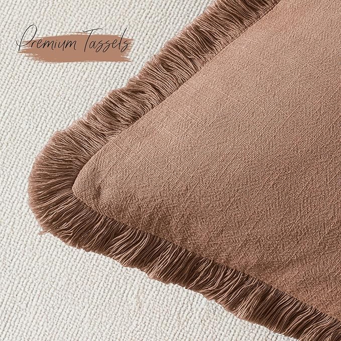 Woaboy Set of 2 Decorative Linen Fringe Throw Pillow Covers Boho Farmhouse Euro Cushion Covers Accent Pillowcases with Tassels for Living Room Couch Sofa Bed Chair,26x26 Inch,Rust Brick