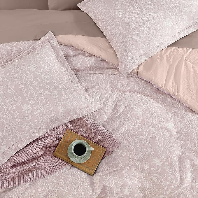 Full Comforter Set -7 Pieces Floral Pink Comforter Set for All Seasons, Bed in a Bag Full with Botanical Flowers Comforter, Sheets, Pillowcases & Shams