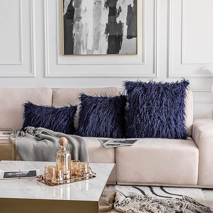 Home Brilliant Decorative Faux Fur Euro Sham Couch Pillow Covers Large Square Throw Pillow Cases for Sofa, Set of 2 (24 x 24 inch, Navy Blue)
