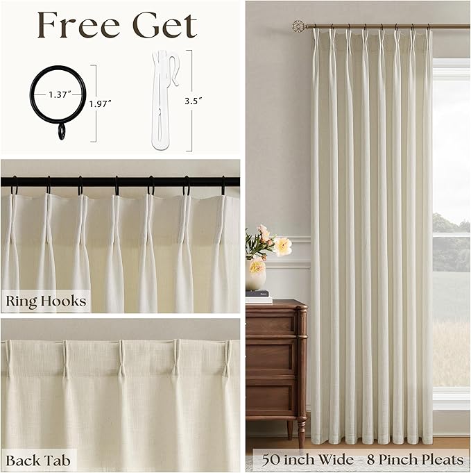 Neutral Flax Linen Curtains 84 Inches Long for Living Room Bedroom Pinch Pleated Back Tab Thick Drapes Neutral Decor Oatmeal Beige Semi Sheer 84 Inch Curtains for Dining Room Window W50xL84