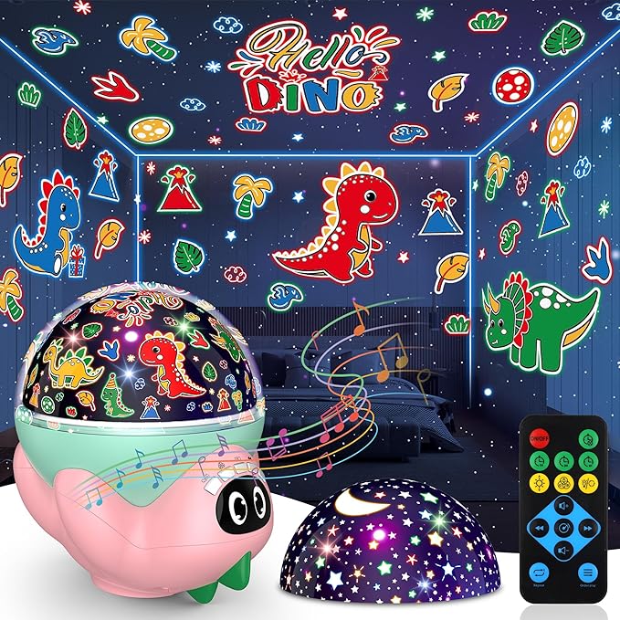 Dinosaur Night Light Projector for Kids Room, Boy Girl Dino Lamp with 10 Soothing Music& Timer, Remote Control, Colorful Projection Effect, High Brightness, Birthday Gifts for Infant Baby