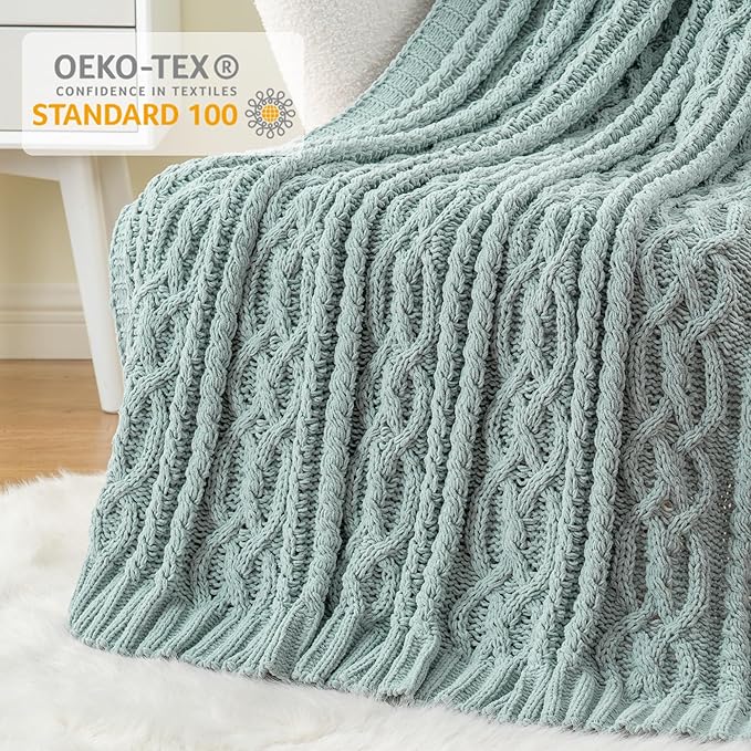 Battilo Sage Green Throw Blanket for Couch, 51"x67", Soft Cozy Chenille Throw Blanket, Knit Blanket Sage Throw, Decorative Boho Throw Blanket for Living Room