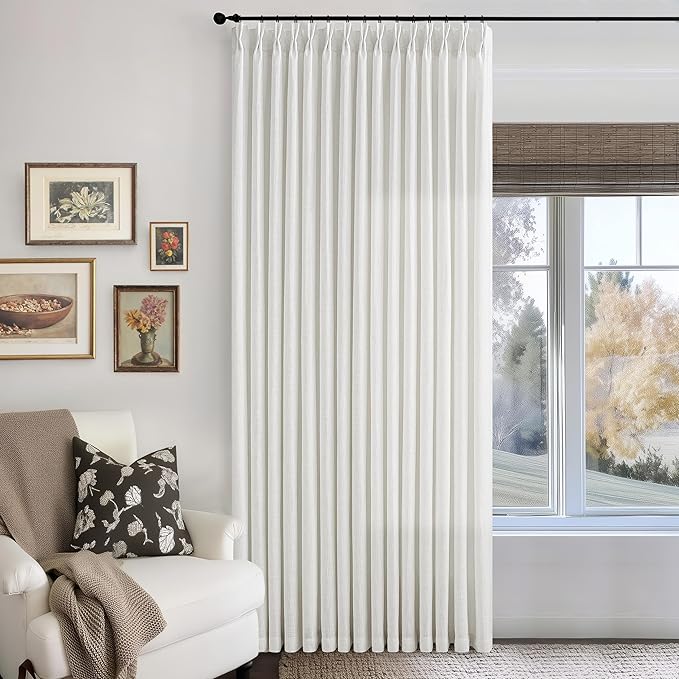 Extra Wide Linen Curtains 102 Inches Long 100 Inch Wide for Living Room Bedroom Light Filtering Beige Off White Pinch Pleated Curtains Hooks Rings Back Tab for Sliding Glass Door 1 Panel 100x102