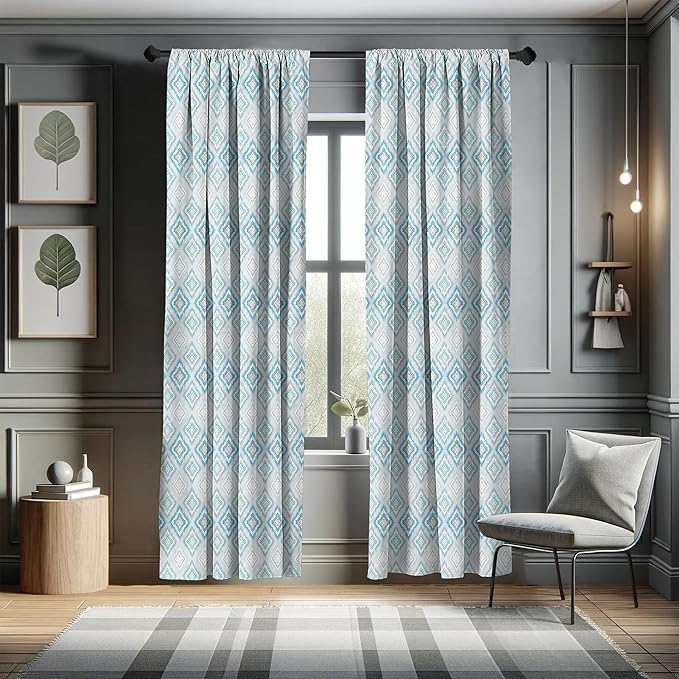 Ambesonne Ikat Curtains, Pale Colored Geometric Aztec Pattern Traditional Peruvian Culture Elements, Window Treatments 2 Panel Set for Living Room Bedroom, Pair of - 28" x 95", Sky Blue Pale Grey