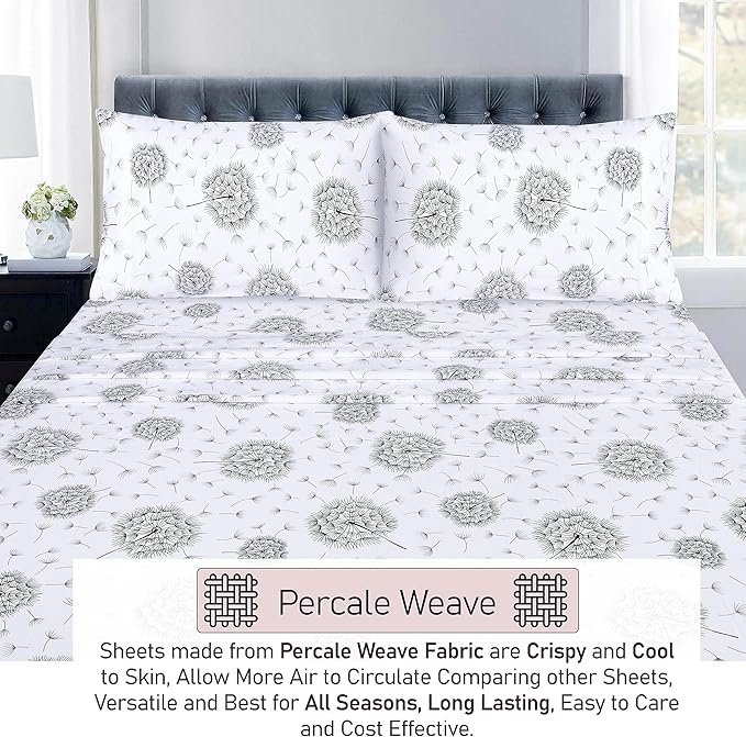 RUVANTI 100% Cotton Split King Sheets Sets for Adjustable Bed, 5 PCs, Soft & Breathable Percale Weave Bedding, Deep Pocket 16", Hotel Standard, Crisp Cool Feel & Durable, Floral Sheet, Dandelion