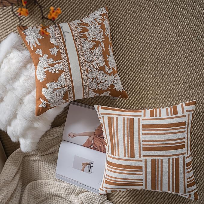 Premium Throw Pillow Covers 18x18 Inches - Tawny Birch Mosaic Grid Chenille Jacquard Embroidery Decorative Couch Pillow Covers for Living Room Bedroom Sofa Home Décor