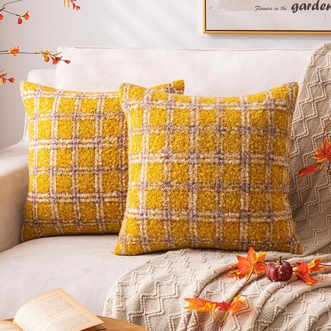 Yellow Plaid Fall Throw Pillow Covers 18x18 Inch Set of 2, Boucle Decorative Pillow Covers,Cozy Fluffy Home Living Room Farmhouse Decor for Sofa Couch Bed