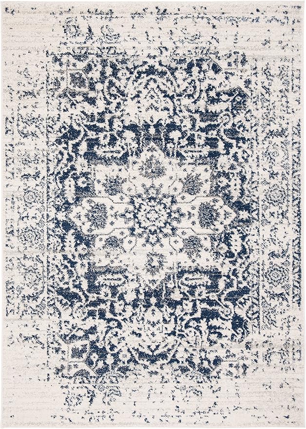 SAFAVIEH Madison Collection Area Rug - 6'7" x 9'2", Cream & Navy, Snowflake Medallion Distressed Design, Non-Shedding & Easy Care, Ideal for High Traffic Areas in Living Room, Bedroom (MAD603D)