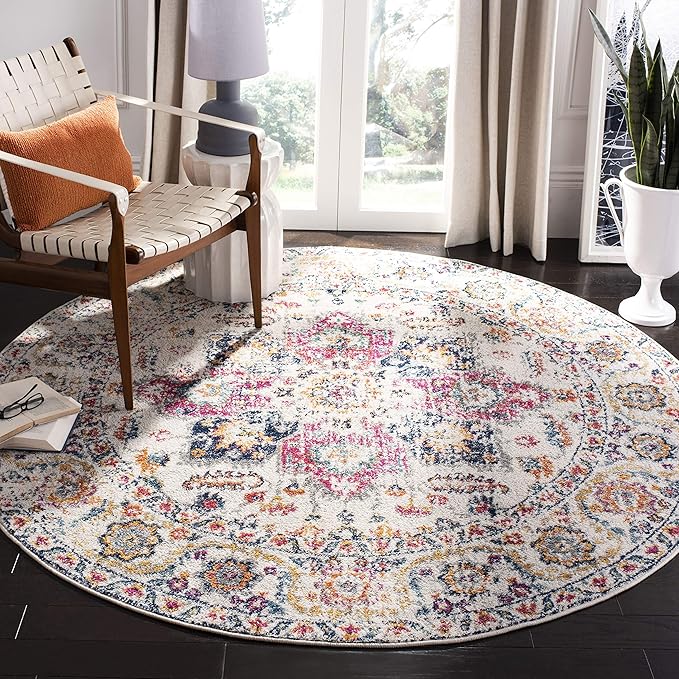 SAFAVIEH Madison Collection Area Rug - 8' Round, Purple Pink Fuchsia & Ivory, Boho Chic Distressed Design, Non-Shedding & Easy Cleaning, Ideal for Living Room, Bedroom, Office, Dining Space (MAD603R)