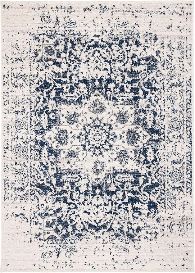 SAFAVIEH Madison Collection Accent Rug - 2'3" x 4', Cream & Navy, Snowflake Medallion Distressed Design, Non-Shedding & Easy Care, Ideal for High Traffic Areas in Foyer, Living Room, Bedroom (MAD603D)