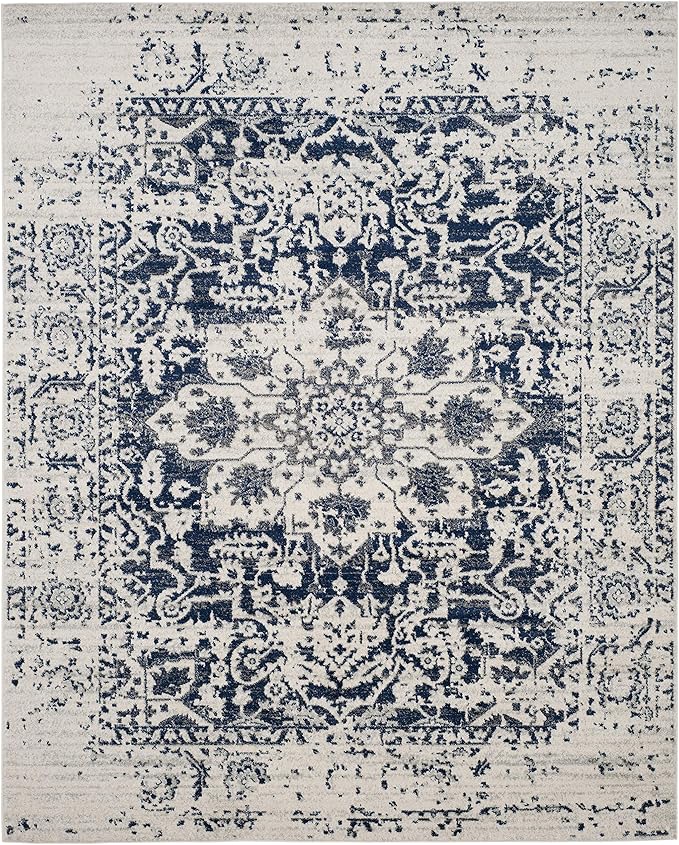 SAFAVIEH Madison Collection Area Rug - 6'7" x 9'2", Cream & Navy, Snowflake Medallion Distressed Design, Non-Shedding & Easy Care, Ideal for High Traffic Areas in Living Room, Bedroom (MAD603D)