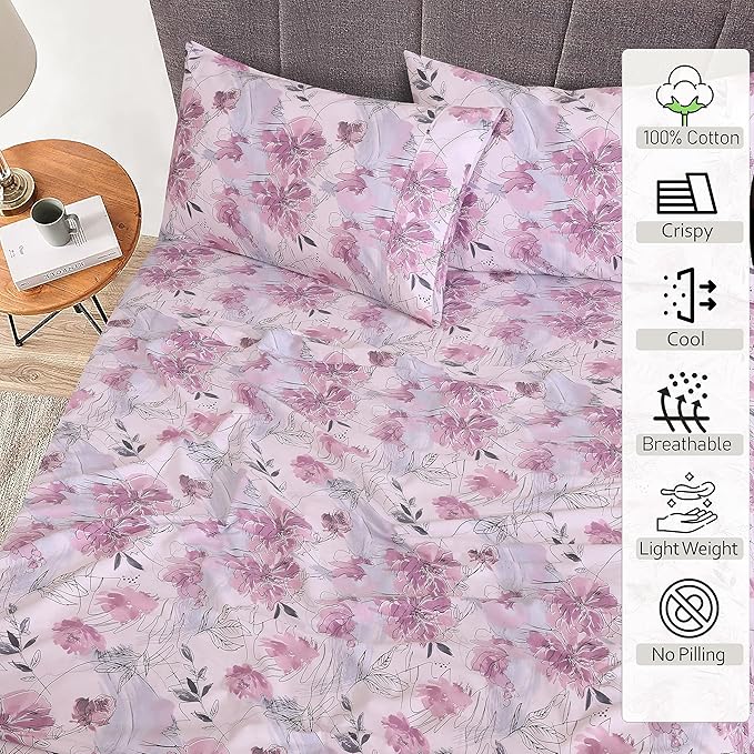 RUVANTI 100% Cotton Twin XL Sheet Sets, 3 Pieces, Soft & Breathable Percale Weave Bedding, Deep Pocket 16", Hotel Standard, Crisp Cool Feel, Durable, Perfect Size Floral Sheets, Lilac Floral
