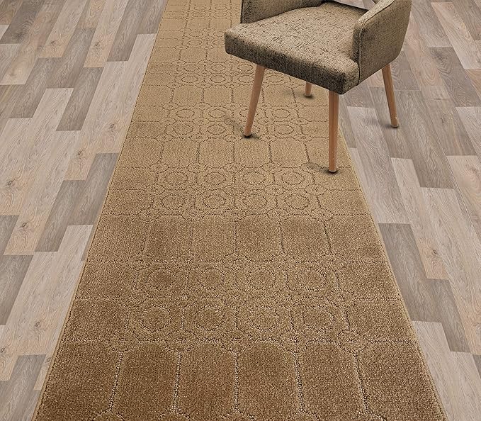 Custom Size Modern Abstract Floor Carpet Runner Rug for Hallways, Slip Resistant Latex Rubber Backed, 31 inch Wide X Customized Length, Art Gold Tan, 31 inch X 6 feet