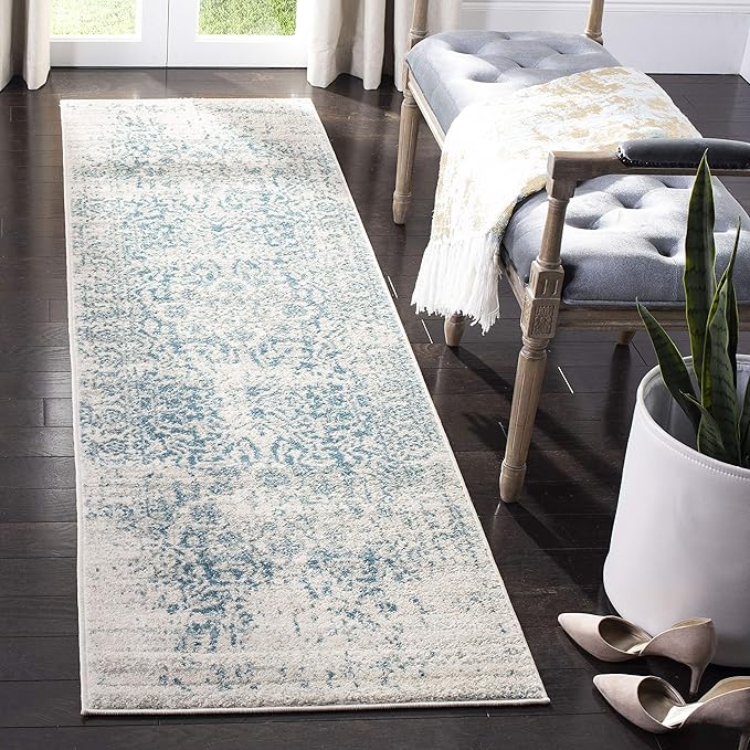 SAFAVIEH Madison Collection Runner Rug - 2'3" x 14', Teal & Ivory, Snowflake Medallion Distressed Design, Non-Shedding & Easy Care, Ideal for High Traffic Areas in Living Room, Bedroom (MAD603J)