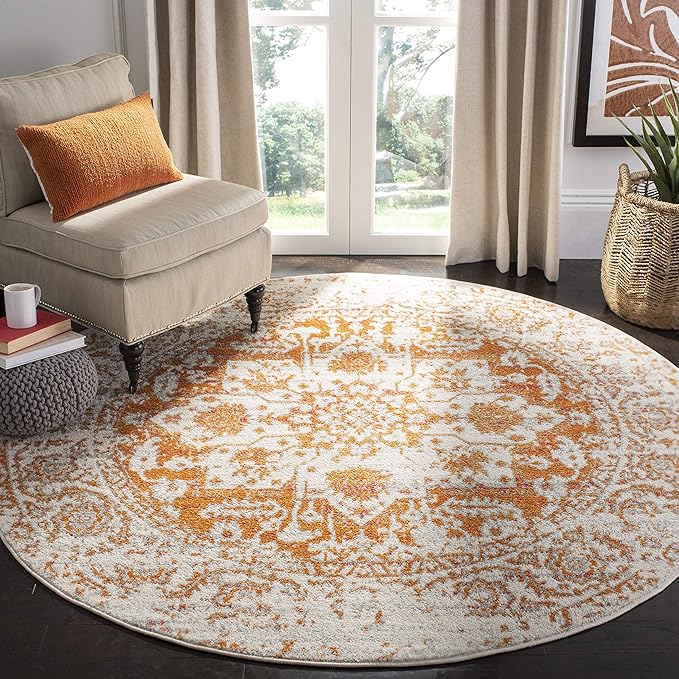 SAFAVIEH Madison Collection Area Rug - 6'7" Round, Orange & Ivory, Snowflake Medallion Distressed Design, Non-Shedding & Easy Care, Ideal for High Traffic Areas in Living Room, Bedroom (MAD603P)