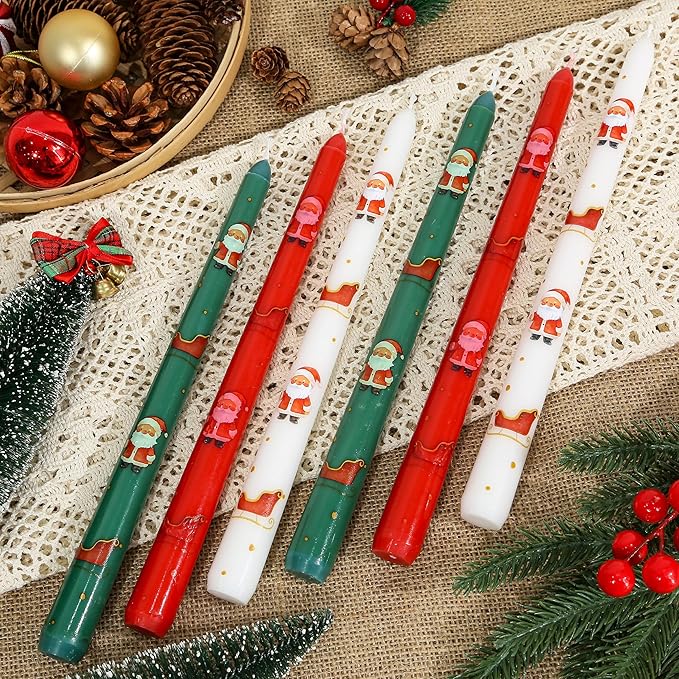 2 Pack Christmas Taper Candles, 10 Inch Unscented Candlesticks with Santa and Sleigh for Holiday Table Centerpiece, Fireplace Mantel, Advent Wreaths, Winter Weddings, Seasonal Home Decor