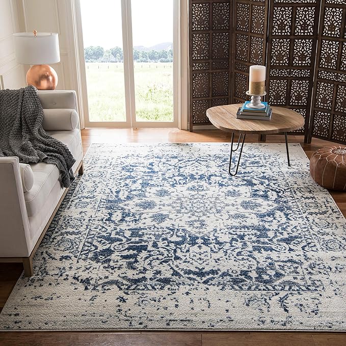 SAFAVIEH Madison Collection Area Rug - 6'7" x 9'2", Cream & Navy, Snowflake Medallion Distressed Design, Non-Shedding & Easy Care, Ideal for High Traffic Areas in Living Room, Bedroom (MAD603D)