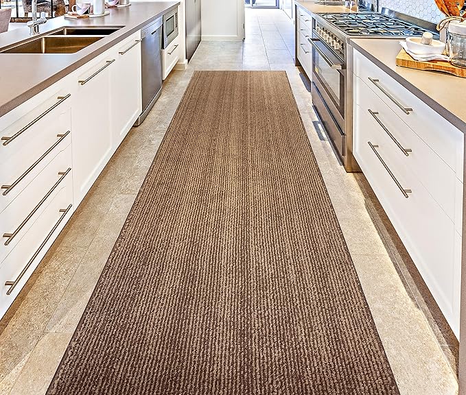 Custom Length Cut to Size Wide Width Carpet Runner Rug for Hallways, Slip Resistant Latex Rubber Backed, 31 inch Wide X Customized Length, Stripe Brown, 31 inch X 14 feet