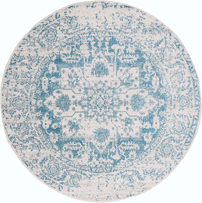 SAFAVIEH Madison Collection 6'7" Round Teal / Ivory MAD603J Oriental Snowflake Medallion Distressed Non-Shedding Dining Room Entryway Foyer Living Room Bedroom Area Rug