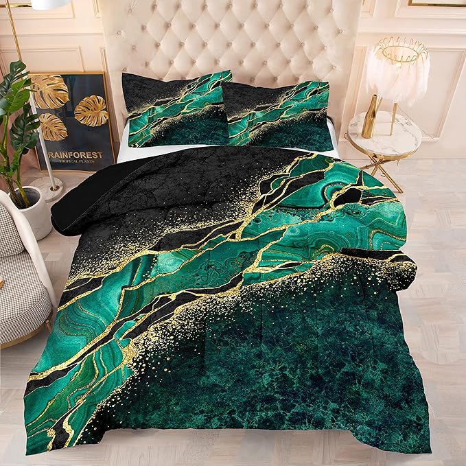 Tailor Shop Black and Green Comforter Twin Size for Women Adults Color Ripple Printed Gold Marble Bedding Sets with 1 Comforter 1 Pillowcase…