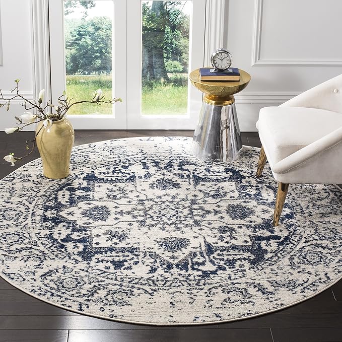 SAFAVIEH Madison Collection 10' Round Cream / Navy MAD603D Oriental Snowflake Medallion Distressed Non-Shedding Dining Room Entryway Foyer Living Room Bedroom Area Rug