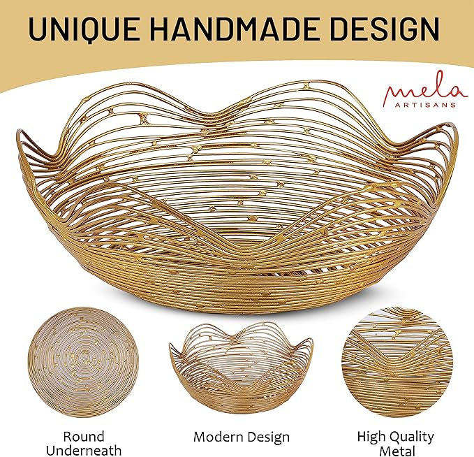 Mela Artisans Decorative Bowl | 12-Inch Gold Metal Wire Fruit Bowl | Perfect for Kitchen Counter | Fruits | Potpourri | Vegetables | Snacks | Candies