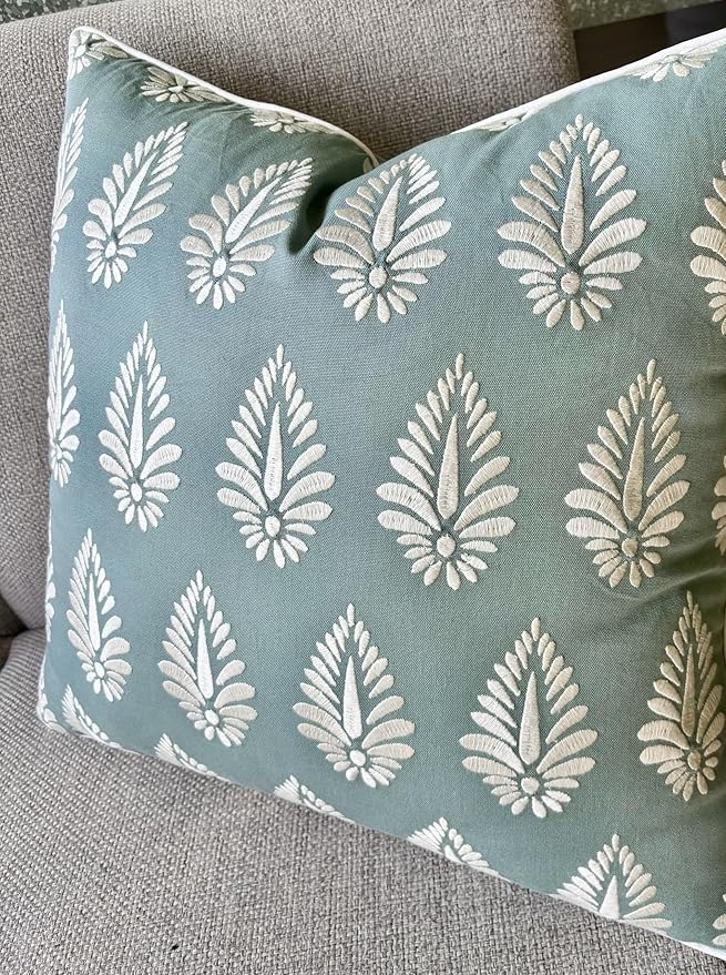 Booti Embroiderd Decorative Square Accent Throw Pillow Cover - Sofa, Chair, Couch, Bedroom, Living Room, Farmhouse Home Decor - 18x18 Inches-Light Teal