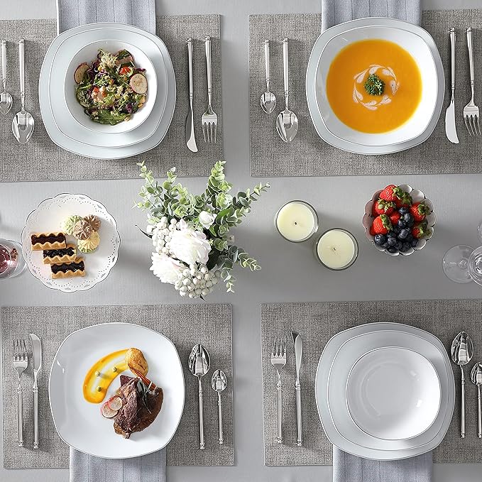 MALACASA Dinnerware Sets, 24 Piece Porcelain Square Dishes, White with Silver Rim Plates and Bowls Sets, Ceramic Dish Set for 6, Chip Resistant Dishware Sets, Series ELISA