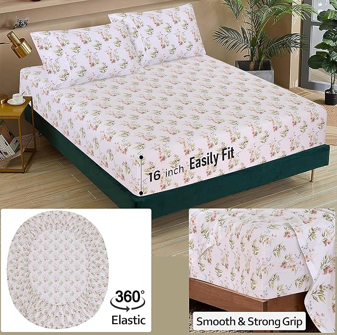 RUVANTI 100% Cotton Full Size Bed Sheets, 4 Pieces, Soft & Breathable Percale Weave Bedding, Deep Pocket 16", Hotel Standard, Crisp Cool Feel, Durable, Perfect Sheet Set Floral, Floral Bliss