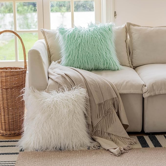 Home Brilliant Mint Throw Pillows for Couch Pillow Covers 20x20 Set of 2 Decorative Mongolian Faux Fur Cushion Cover Winter Decor, 50cm x 50cm