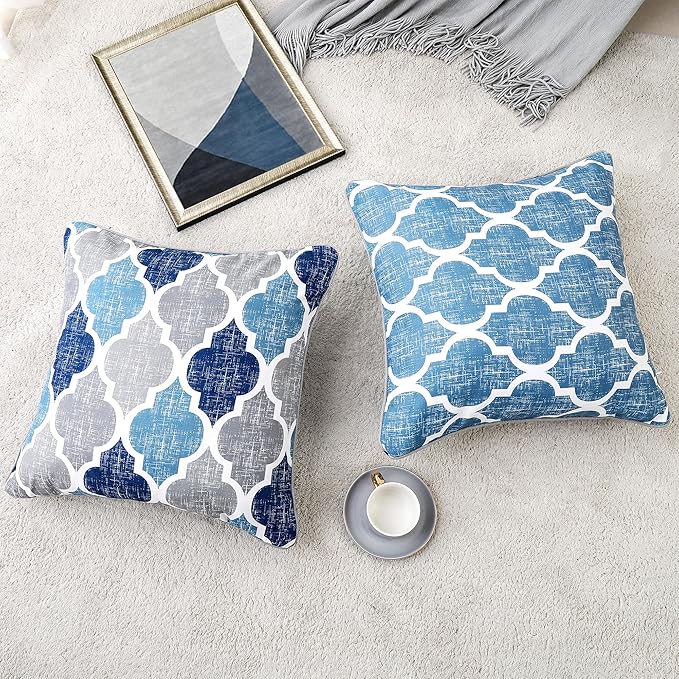 Beauoop Throw Pillowcover Soft Chenille Print Moroccan Geometric 2-Sided Pattern Blue and Gray Decorative Velvet Square Cushion Covers Standard Pillowcase Couch Sofa Bed Men/Women 20x20 Inch, Set of 2