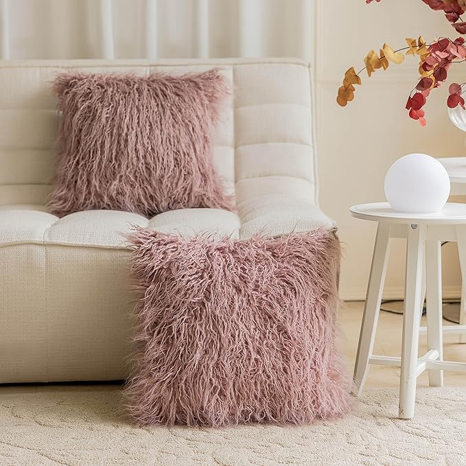 Home Brilliant Mauve Throw Pillow Covers Super Soft Plush Mongolian Faux Fur Cushion Case for Bed Sofa, Set of 2 (20 x 20 inch, 50cm), Dusty Pink