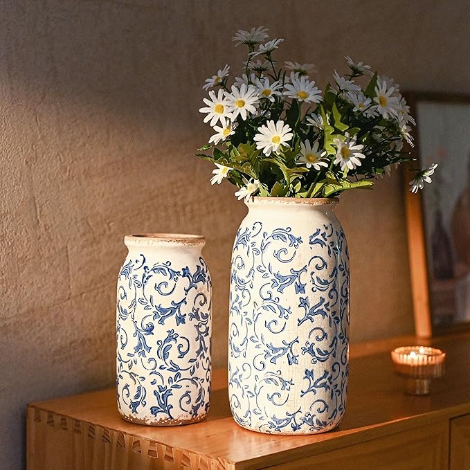 VICTOR & TERESA Rustic Blue and White Vase for Home Decor, Ceramic Vases for Flowers, Modern Farmhouse Decorative Vases for Pampas Grass,Table, Mantel, Living Room,Bookshelf, Centerpieces, 8''