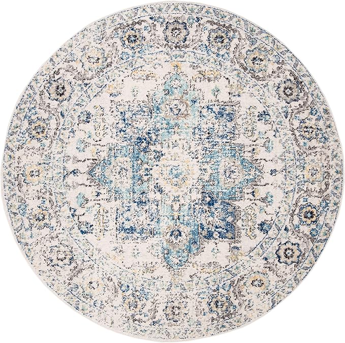 SAFAVIEH Madison Collection Area Rug - 4' Round, Turquoise & Ivory, Snowflake Medallion Distressed Design, Non-Shedding & Easy Care, Ideal for High Traffic Areas in Living Room, Bedroom (MAD603K)