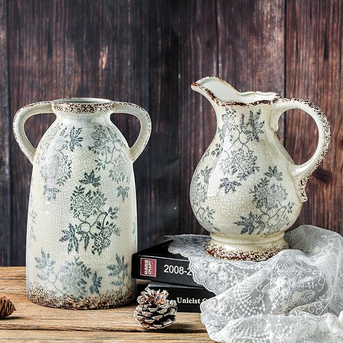 Enra Large Vintage Blue and White and Pitcher for Home Decor, 9.7 Inch Rustic Chinoiserie Decorative Vases, Green and Beige Ceramic Vases for Living Room, Kitchen, Office – Large Vases for Decor