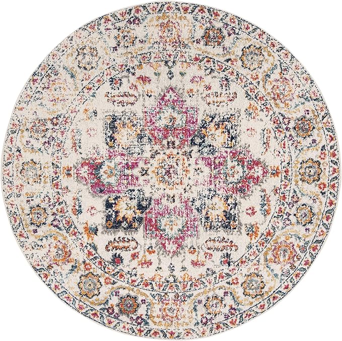 SAFAVIEH Madison Collection Area Rug - 8' Round, Purple Pink Fuchsia & Ivory, Boho Chic Distressed Design, Non-Shedding & Easy Cleaning, Ideal for Living Room, Bedroom, Office, Dining Space (MAD603R)