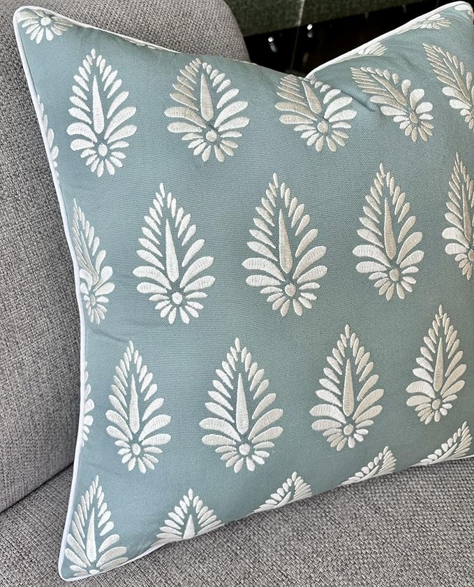 Booti Embroiderd Decorative Square Accent Throw Pillow Cover - Sofa, Chair, Couch, Bedroom, Living Room, Farmhouse Home Decor - 18x18 Inches-Light Teal