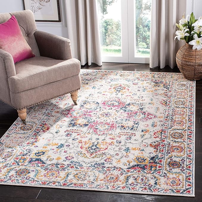 SAFAVIEH Madison Collection Area Rug - 6'7" x 9'2", Purple Pink Fuchsia & Ivory, Boho Chic Distressed Design, Non-Shedding & Easy Cleaning, Ideal for Living Room, Bedroom, Dining Space (MAD603R)
