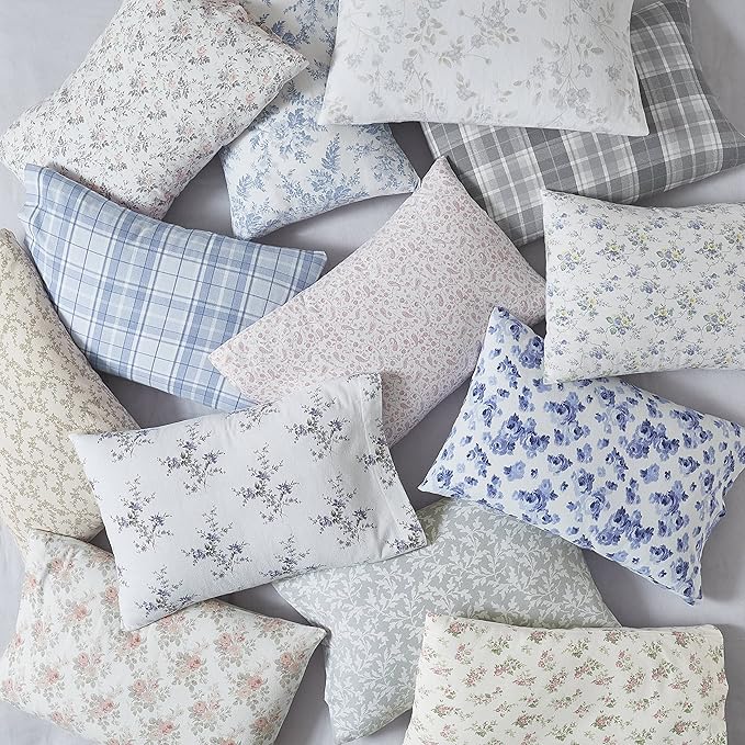Laura Ashley - Flannel Sheets Twin Size, Anti-Pilling & Wrinkle Resistant Cotton, Touchably Soft for All-Season Comfort - Bed Sheets with Matching Pillowcase & Fitted Sheet (Rosalie Grey)